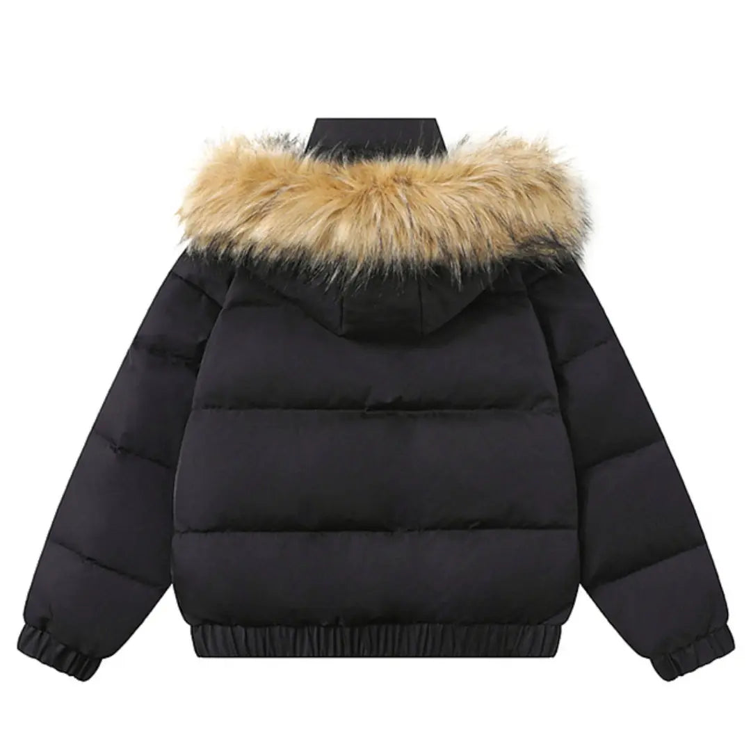 Black puffer jacket with fur hood on a white background