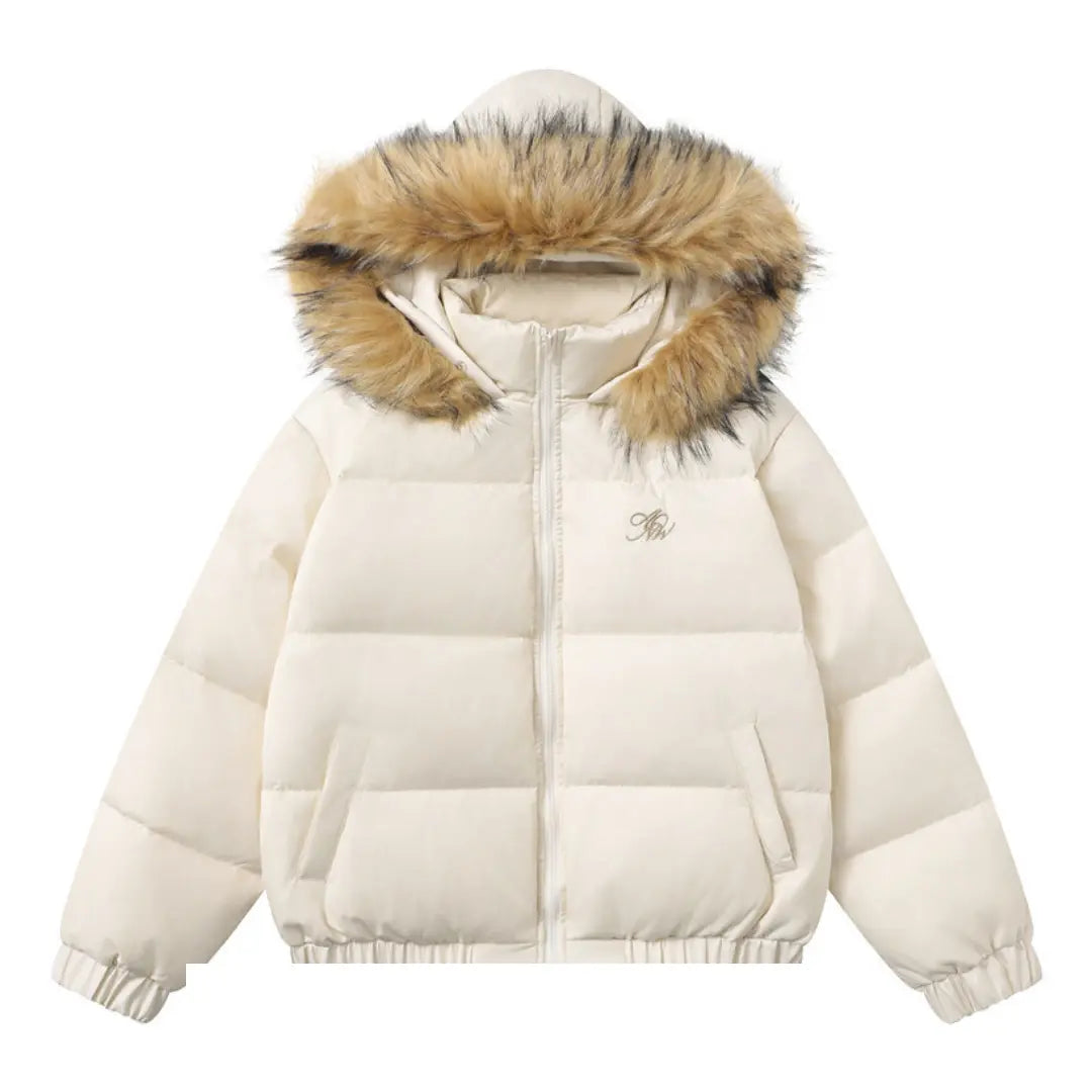 White puffer jacket with fur hood on a white background