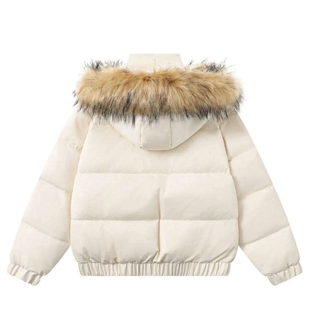 White puffer jacket with fur hood on a white background