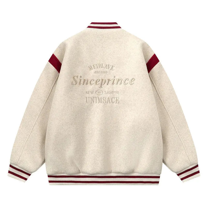 Beige jacket with red accents and branding on a white background