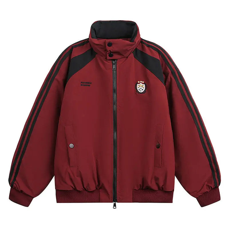 Red jacket with black stripes on a white background