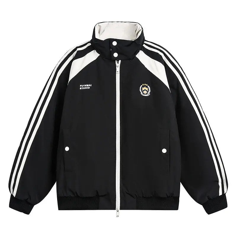 Black jacket with white stripes and logos on a white background