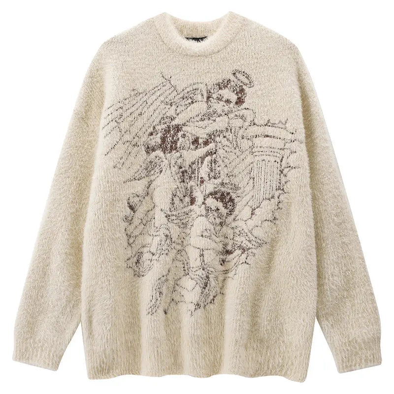 Beige sweater with embroidered design on a white background