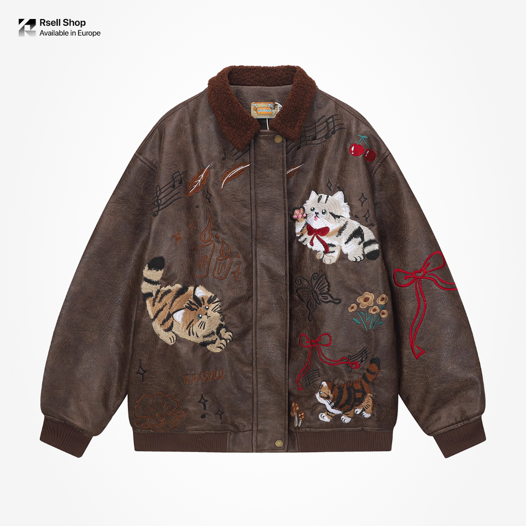 Vintage Cat Leather Jacket  Unisex Warm Coat