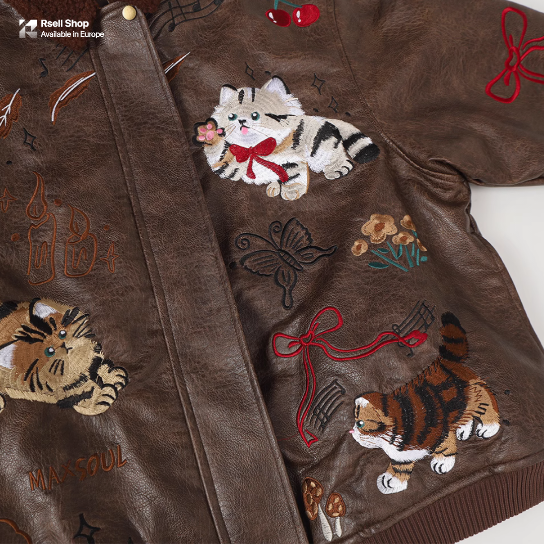 Vintage Cat Leather Jacket  Unisex Warm Coat