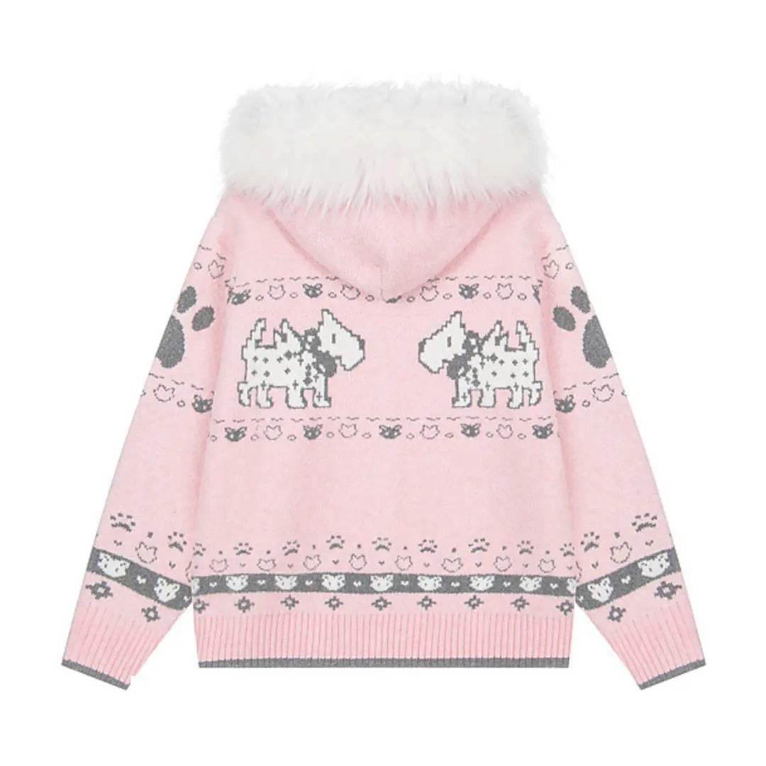 American Vintage Fair Isle Hooded Knit Cardigan Sweater