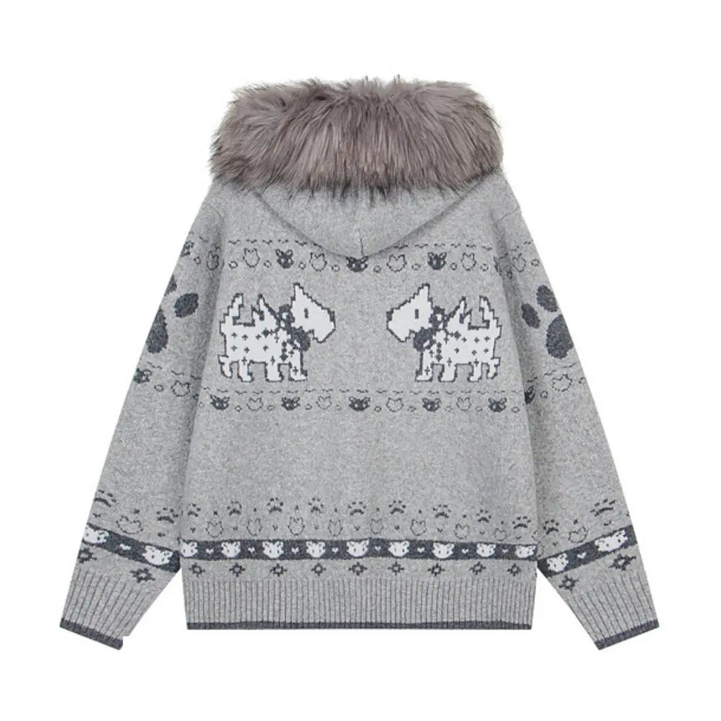 American Vintage Fair Isle Hooded Knit Cardigan Sweater