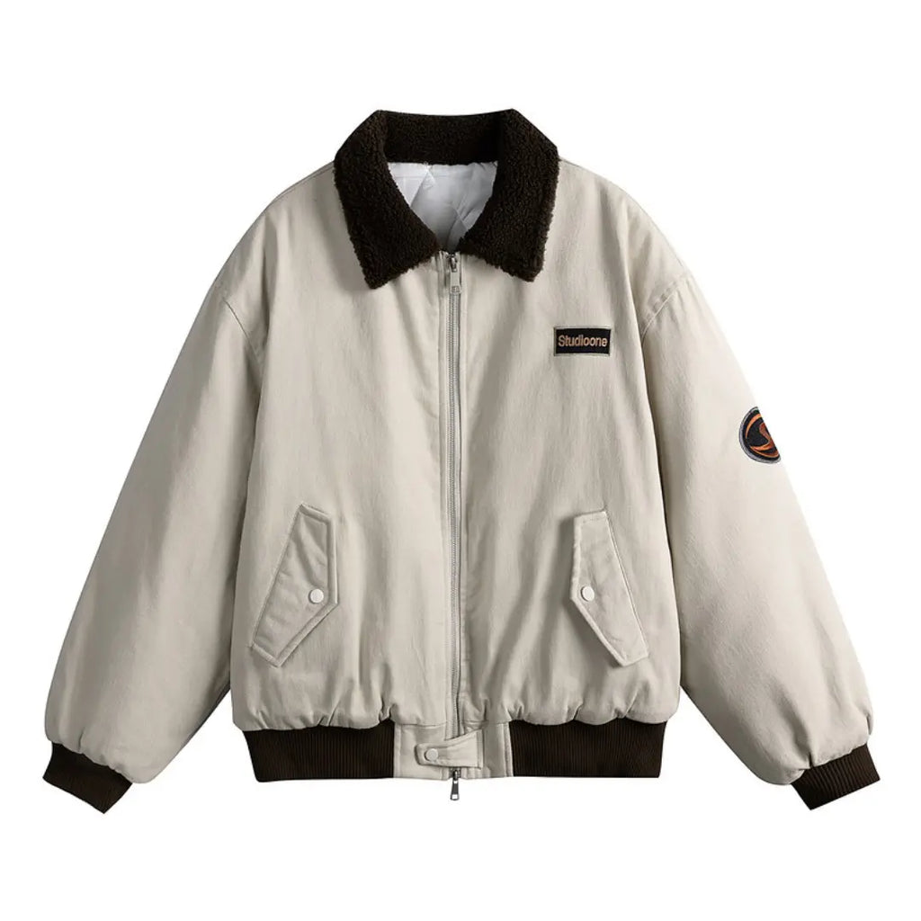 European & American Letter Embroidered Sherpa Collar Padded Jacket