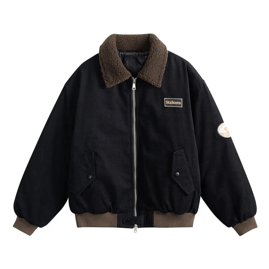 European & American Letter Embroidered Sherpa Collar Padded Jacket